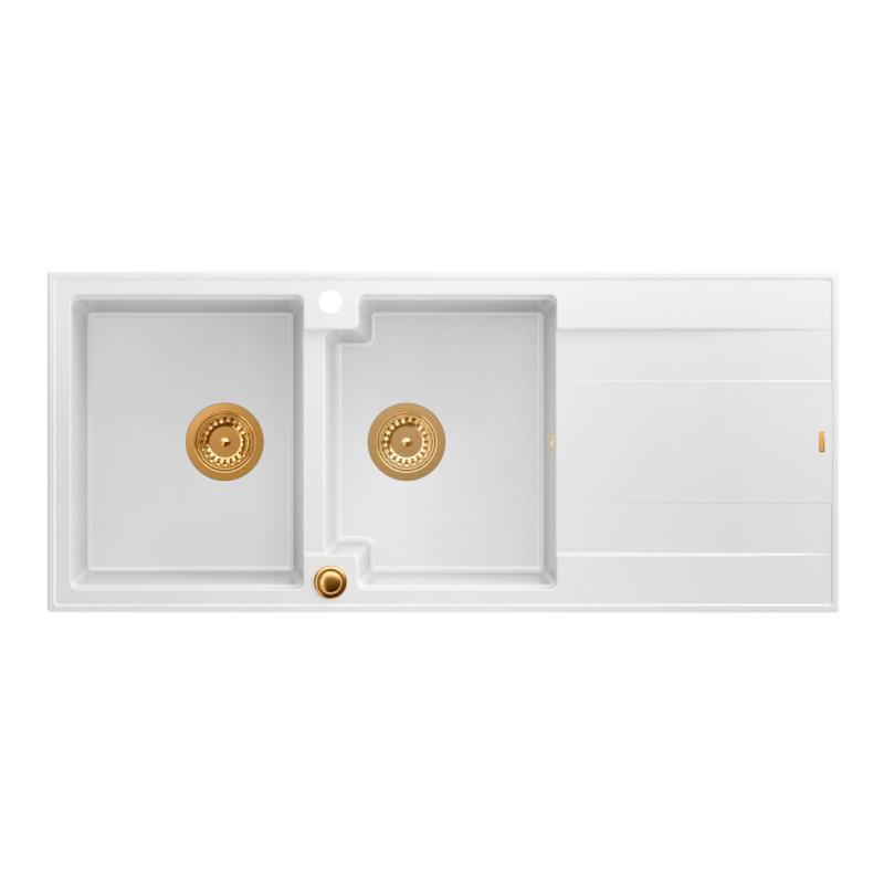 Куадри Лутон двойна мивка от гранит бяла с отцедник 116x50 см с медна тапа 1208967359
