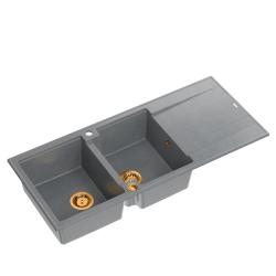 Quadri Luton двоен гранитен мивка с отцедник сив 116x50 см с меден тап 1208967362