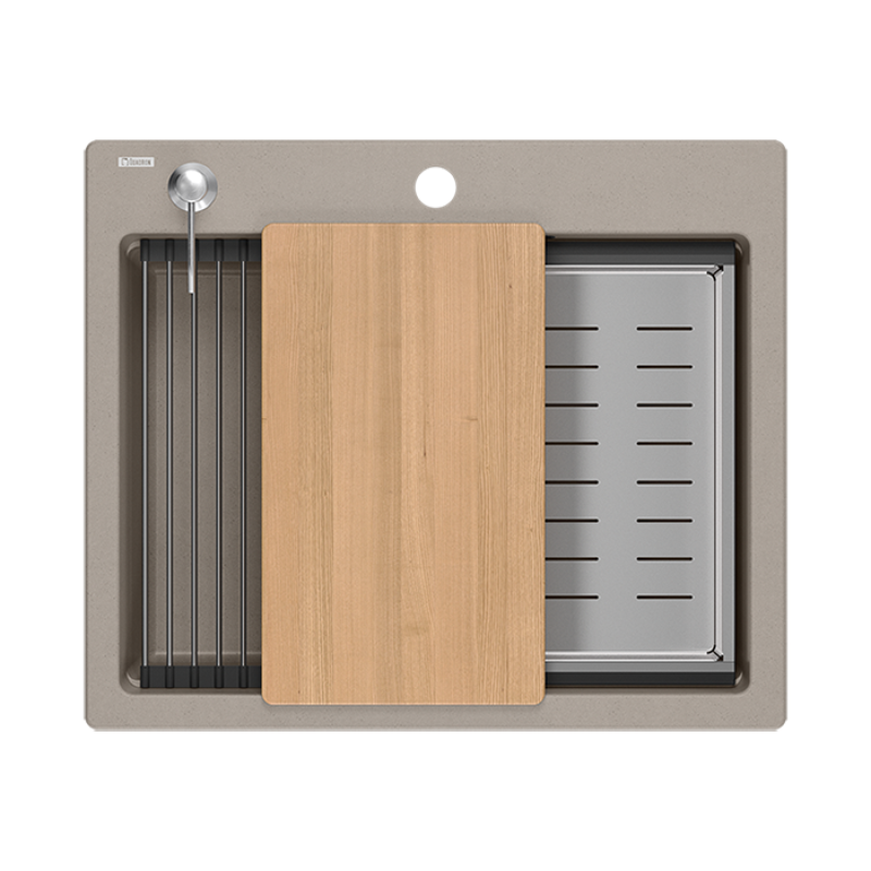 Квадри Дърхам гранитен мивка в таупе цвят 595x500 с диспенсър за сапун, дъска за рязане, вложена мивка и ролков подложка 1208967376