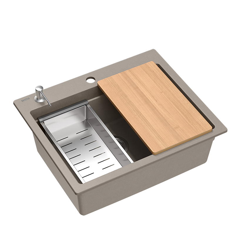 Квадри Дърхам гранитен мивка в таупе цвят 595x500 с диспенсър за сапун, дъска за рязане, вложена мивка и ролков подложка 1208967376