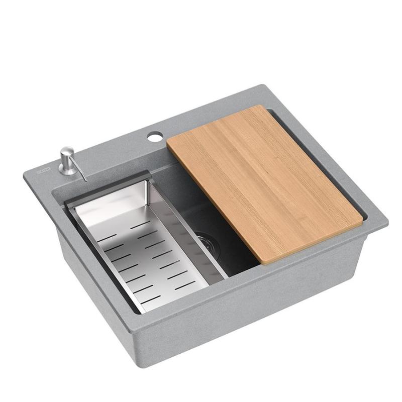 Quadri Durham сив гранитен монтажен мивка 595x500 с дозатор за сапун, дъска за рязане, вложена мивка и ролка 1208967378