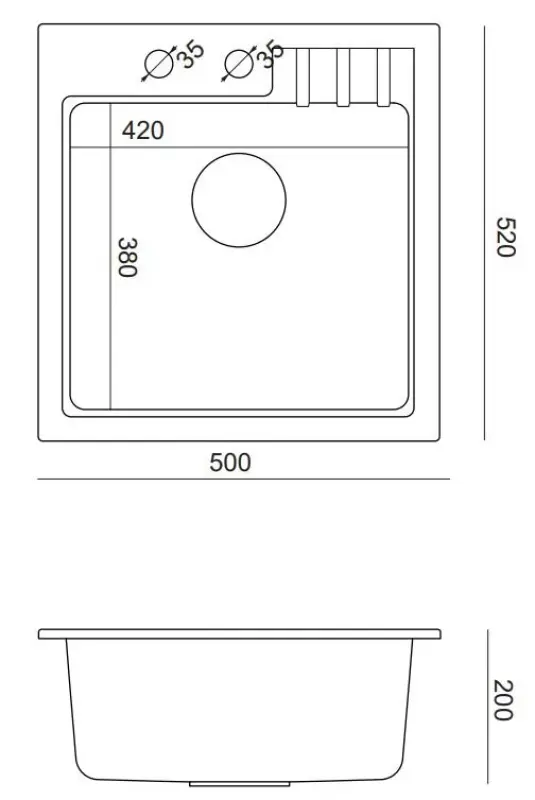Quadri vest antraciet granieten inbouw spoelbak  50x52cm met kraangatbank 1208967394