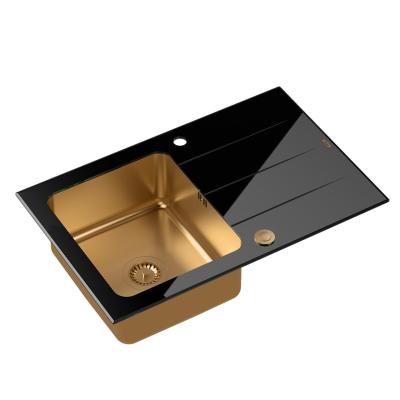 Квадри Glazz надстройка медна мивка с черна стъклена част за отцеждане 78x50 обратима 1208967406