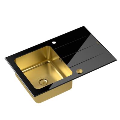 Quadri Glazz вградена златна мивка с черна стъклена капка 78x50 обратима 1208967407