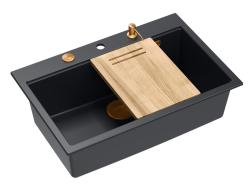 Quadri Hard Rock mat черна гранитна мивка с размери 76x50см, включително меден сифон и аксесоар 1208967423