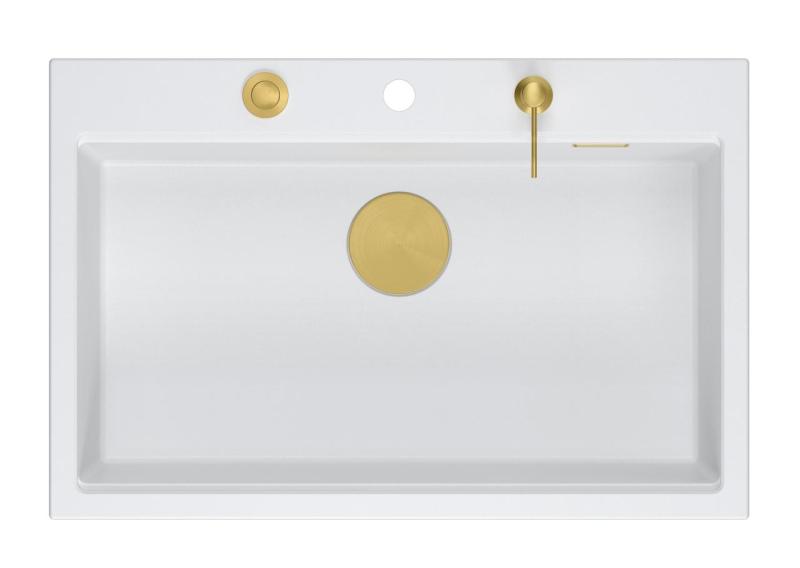 Quadri Hard Rock бяла гранитна мивка за монтаж 76x50см, включваща златна тапа и аксесоари 1208967424