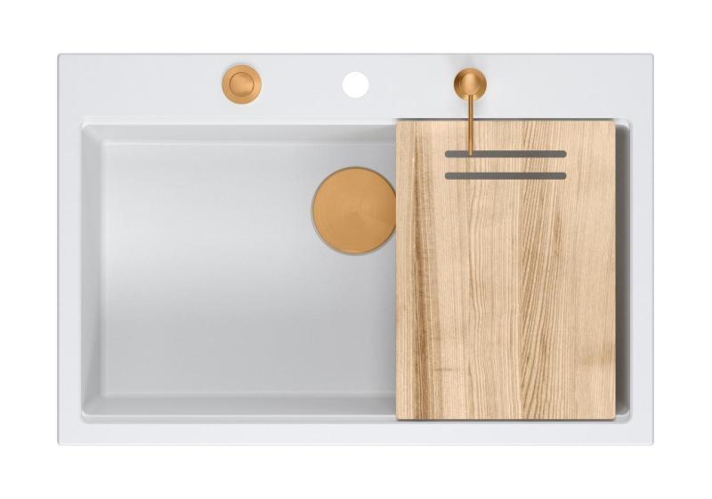 Куадри Хард Рок бяла гранитна мивка за монтаж 76x50см, включително меден тапа и аксесоари 1208967428