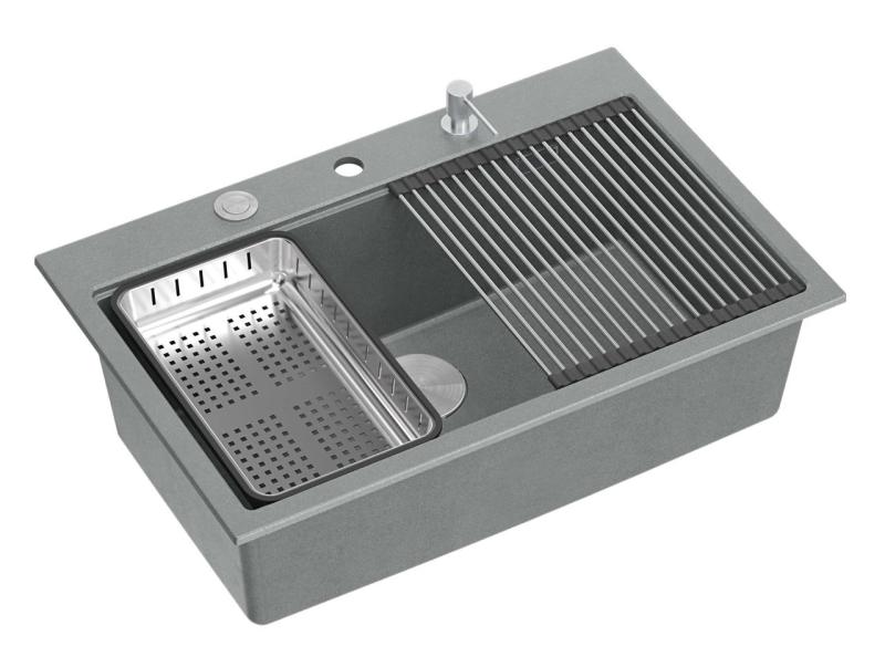 Куадри Хард Рок сива гранитна мивка за монтаж 76x50см, включително неръждаема тапа и аксесоари 1208967430