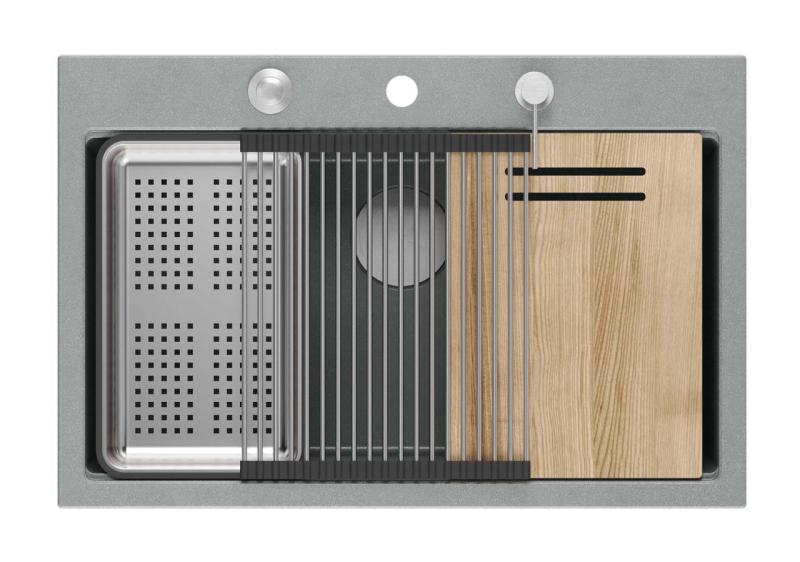 Куадри Хард Рок сива гранитна мивка за монтаж 76x50см, включително неръждаема тапа и аксесоари 1208967430