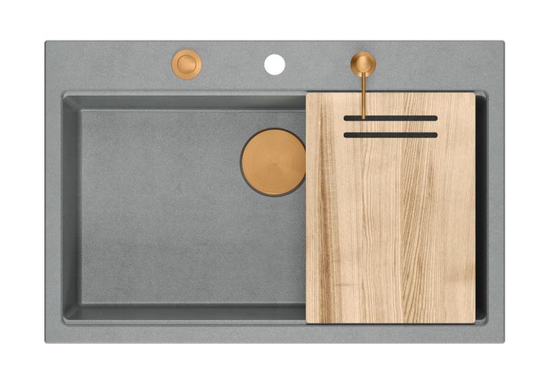 Куадри Хард Рок сива гранитна мивка за монтаж с голяма мивка 76x50см, включително медна тапа и аксесоари 1208967435