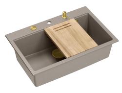 Quadri Hard Rock taupe гранитна мивка за монтаж върху плот, голяма, размери 76x50cm, включително златна тапа и аксесоари 1208967436