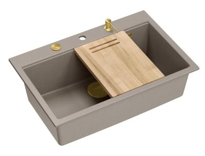 Quadri Hard Rock taupe гранитна мивка за монтаж върху плот, голяма, размери 76x50cm, включително златна тапа и аксесоари 1208967436