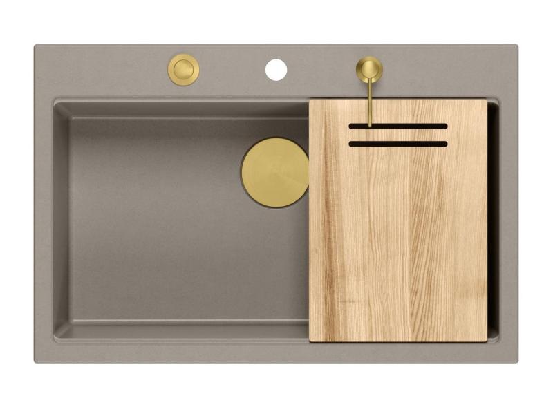 Quadri Hard Rock taupe гранитна мивка за монтаж върху плот, голяма, размери 76x50cm, включително златна тапа и аксесоари 1208967436