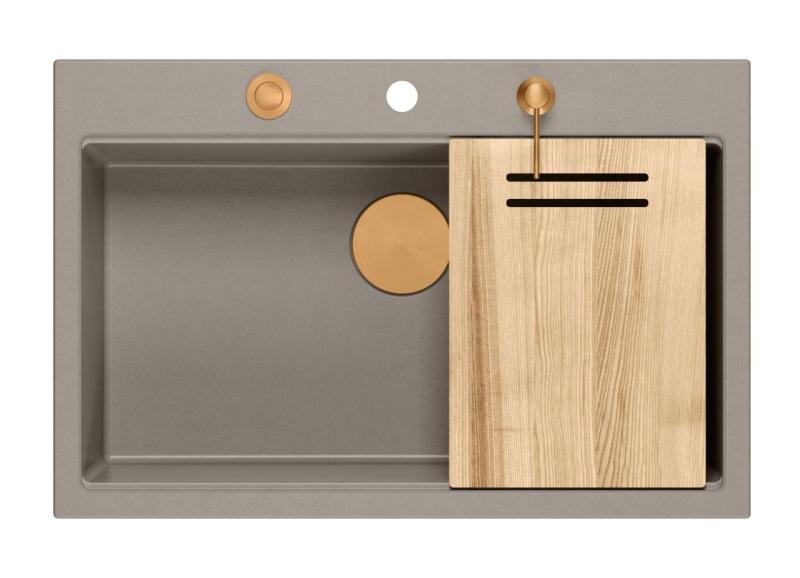 Куадри Хард Рок таупе гранитна мивка за монтаж 76x50см с включени медни тапи и аксесоари 1208967439