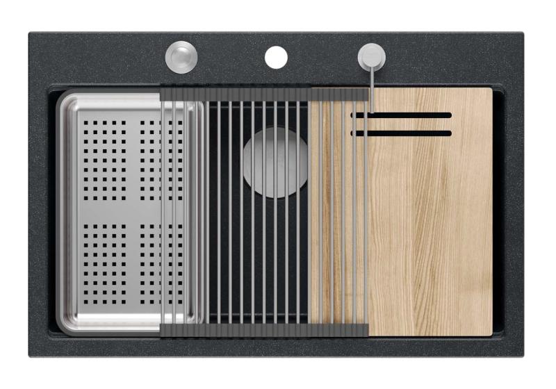 Quadri Hard Rock антрацит гранитна мивка за монтаж върху плот с размери 76x50 см, включително неръждаема тапа и аксесоари 1208967442