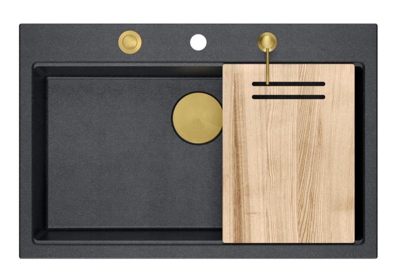 Куадри Хард Рок антрацит гранитна мивка за монтаж 76x50cm, включително златна тапа и аксесоари 1208967444