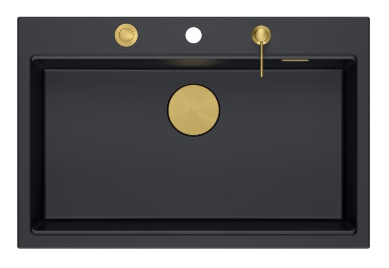 Куадри Хард Рок антрацит гранитна мивка за монтаж 76x50cm, включително златна тапа и аксесоари 1208967444