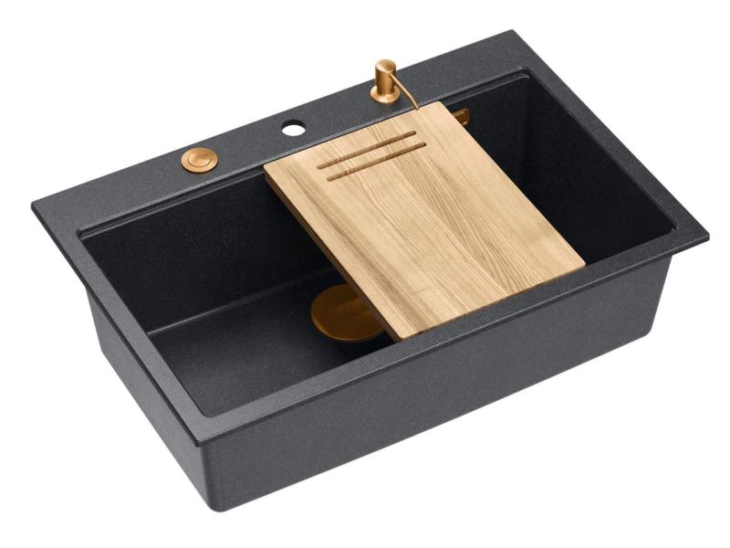 Куадри Хард Рок антрацит гранитно монтиране голяма мивка 76x50см включително меден сифон и аксесоари 1208967445
