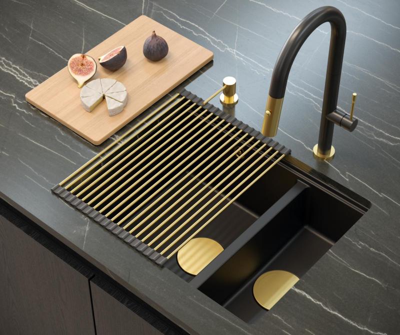 Quadri Newport II черен 1,5 мивка гранит за монтаж отгоре и отдолу 555x460mm със златен капак 1208967464