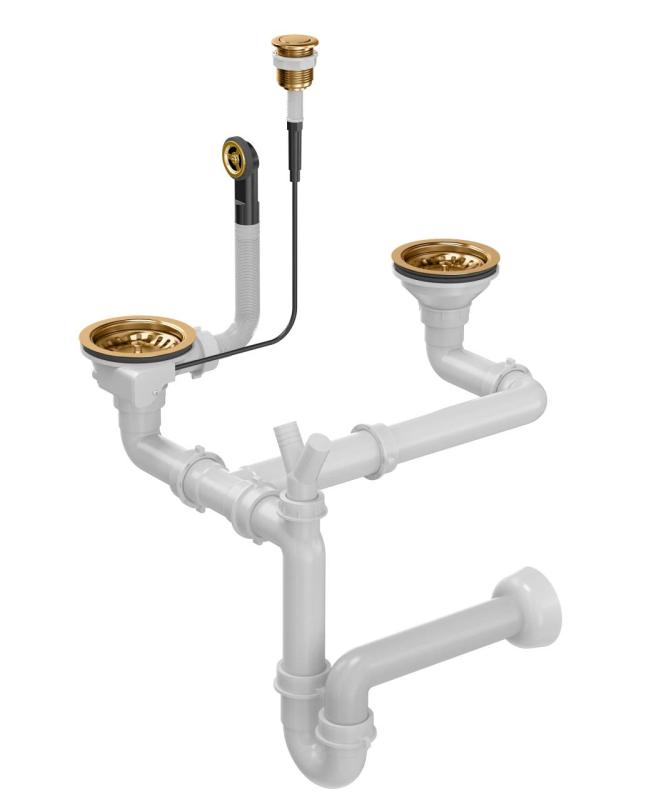 Квадри медна двойна мивка с комплект за оттичане и преливник с бутон за отваряне чрез натискане  мед 1208967546