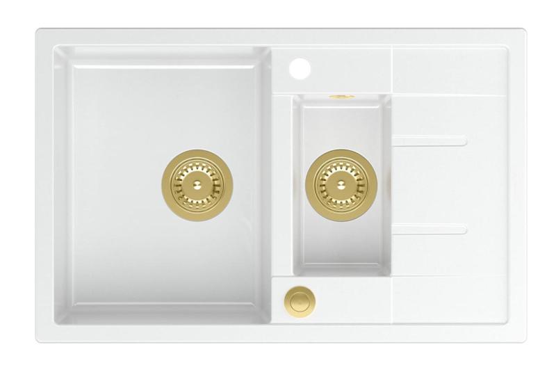 Quadri Brenton бяла гранитна мивка с едно и половина корито и отцедник 78x50см със златен сифон 1208967551