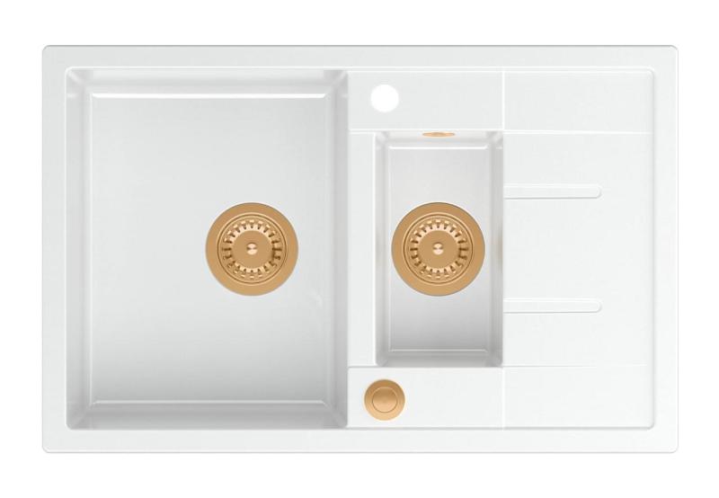 Куадри Брентон бяла гранитна мивка с 1,5 корита и отцедник 78x50см с меден сифон 1208967552