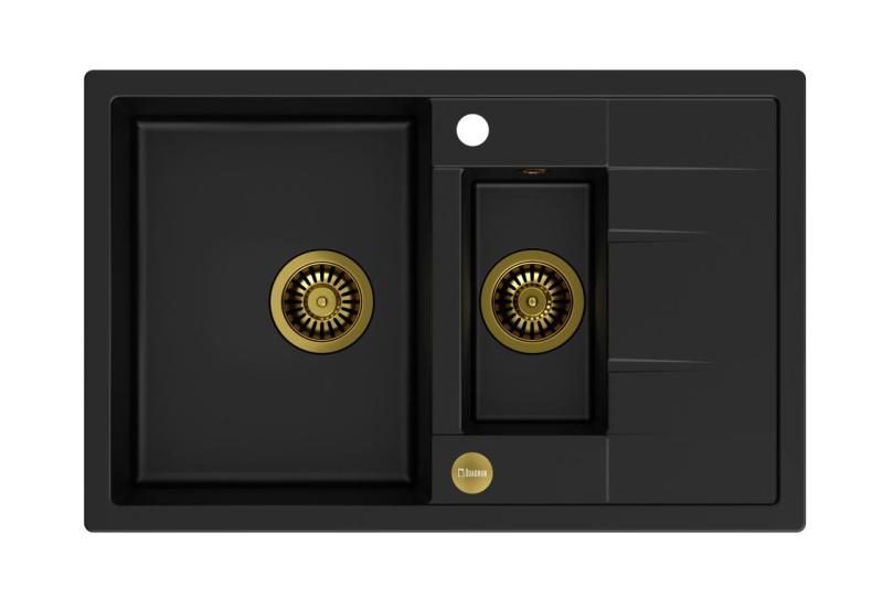 Куадри Брентон черна гранитна мивка с една и половина корита и отцедник 78x50 см със златен сифон 1208967554