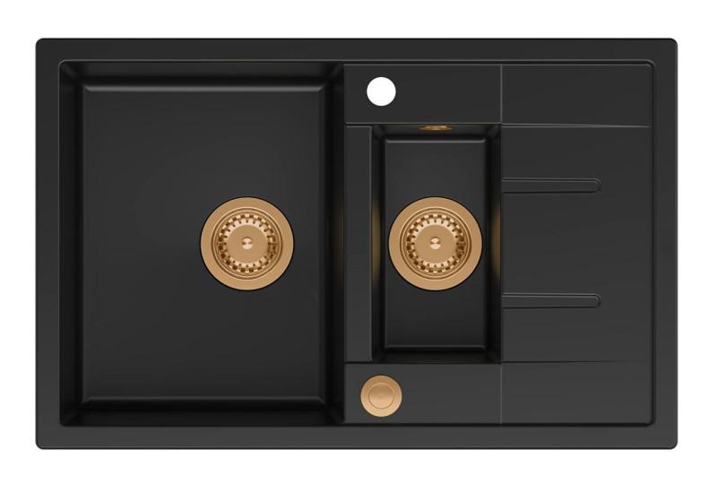 Quadri Brenton черна гранитна мивка с едно и половина корито и отцедник 78x50см с медна тапа 1208967555