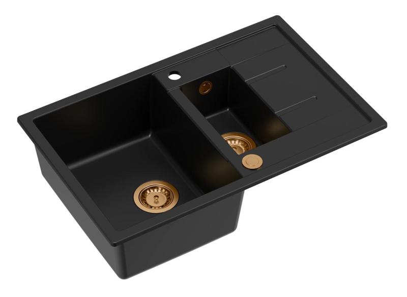 Quadri Brenton черна гранитна мивка с едно и половина корито и отцедник 78x50см с медна тапа 1208967555
