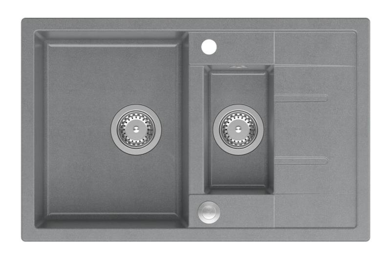 Куадри Брентон сив гранитен мивка с 1,5 корита и отцедник 78x50см с неръждаем стоманен клапан 1208967559