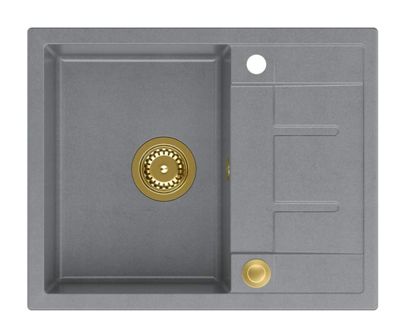 Куадри Далтон сива гранитна мивка с отцедник 62x50см със златен сифон 1208967565