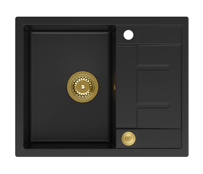 Куадри Далтон черна гранитна мивка с отцедник 62x50см със златен клапан 1208967568