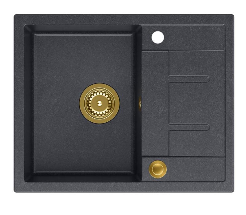 Куадри Далтон антрацитен гранитен мивка за монтаж с отцедник 62x50см с златна тапа 1208967571