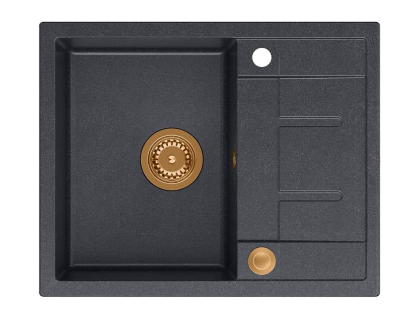 Куадри Далтон антрацитна гранитна мивка за монтаж с отцедник 62x50cm с меден клапан 1208967572