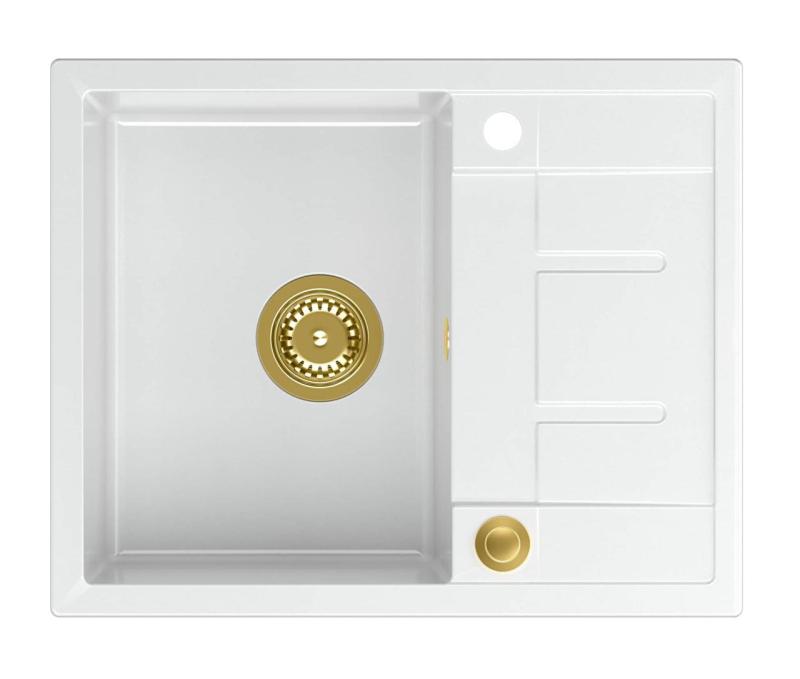Куадри Далтон бяла гранитна мивка с отцедник 62x50см със златен сифон 1208967574