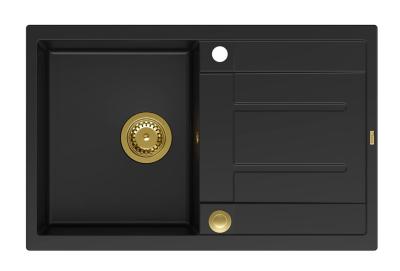 Quadri Sheffield Черна Гранитна Мивка за Монтаж върху Плот 78x50см с Отцедник и Златен Сифон - 1208967581