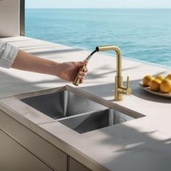 Pure.Sink Elite Steel Spark-S кухненски смесител PVD четкано злато с изтеглящ се чучур PS8041-60