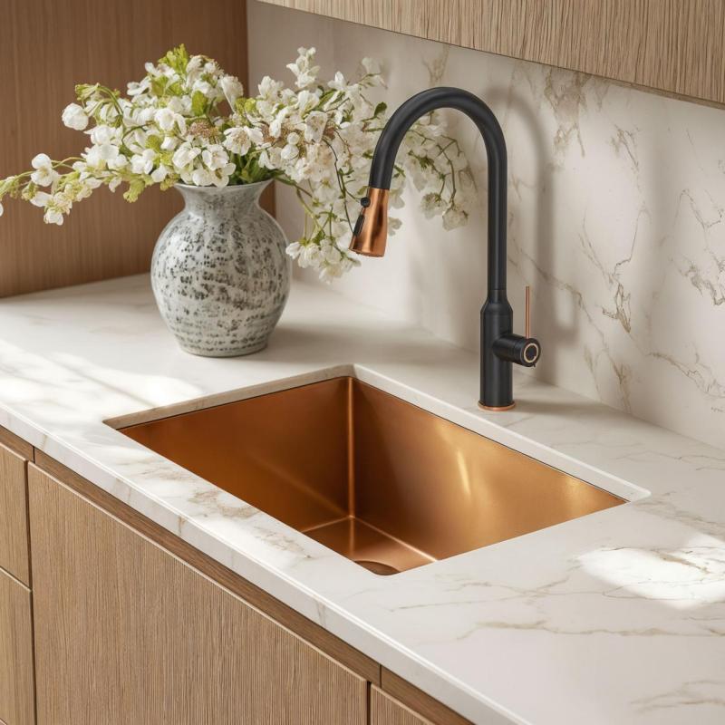 Quadri Stamford кухненски смесител черен с PVD медно покритие с подвижен чучур и спрей функция 1208967695