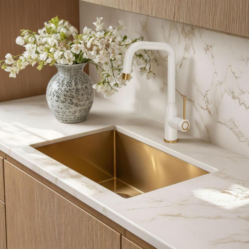 Куадри Стамфорд Кухненски Смесител Бял с PVD Златно Покритие с Въртящ Се Ъглов Излив 1208967697