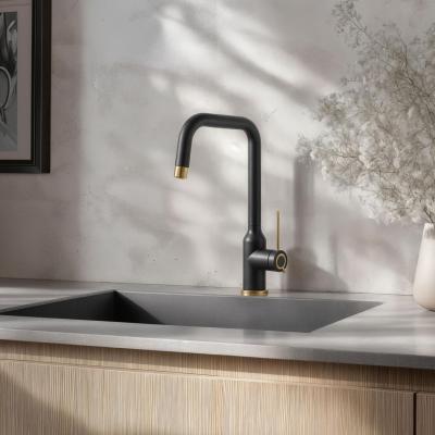 Quadri Stamford кухненски смесител черен с PVD златно покритие и въртящ се L-образен чучур 1208967703