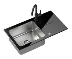 Quadri Glazz Set с кухненски смесител и монтираща се върху плот мивка от неръждаема стомана с черна стъклена отцедка - 77x44cm обръщаем - 1208967734