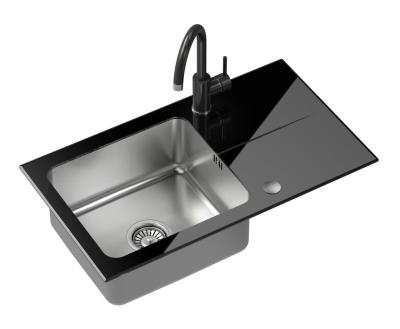 Quadri Glazz Set с кухненски смесител и монтираща се върху плот мивка от неръждаема стомана с черна стъклена отцедка - 77x44cm обръщаем - 1208967734