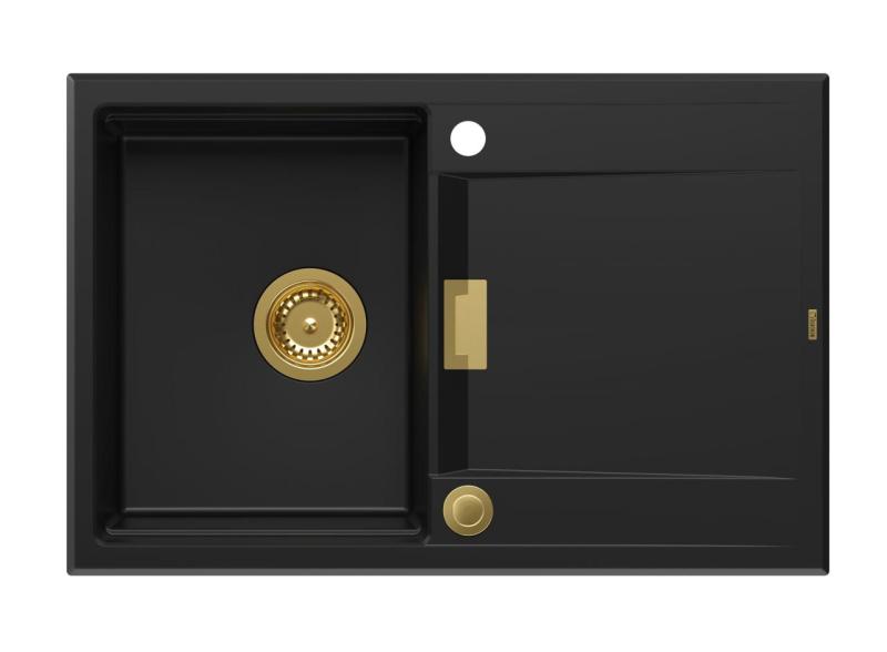 Квадри Минтон Гранитна Мивка за Монтаж върху Плот Черна 76x50см с Отцедник Обратима и Златна Запушалка 1208967739