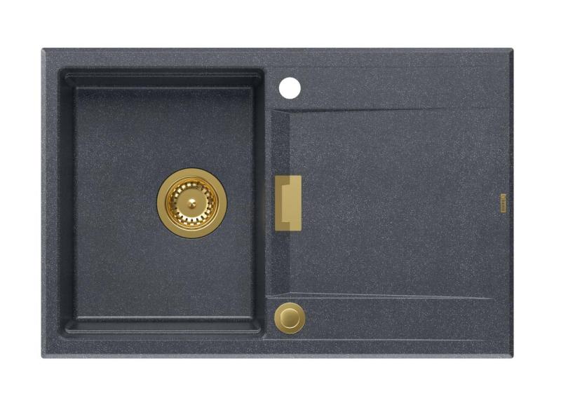 Куадри Минтон Гранитна Мивка Антрацит 76x50см с Отцедник Обръщаема и Златен Штекер - 1208967745