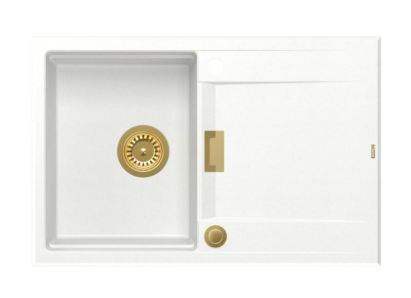 Quadri Minton Гранитна Мивка за Вграждане Бяла 76x50см с Отцедник Обръщаема и Златна Запушалка - 1208967748