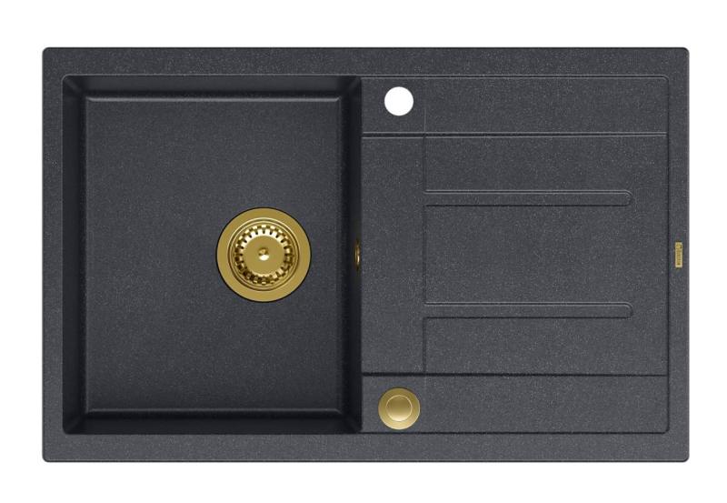 Куадри Шефилд Антрацит Гранитна Мивка за Монтаж на Плот 78x50см с Отцедник и Златна Запушалка - 1208967795