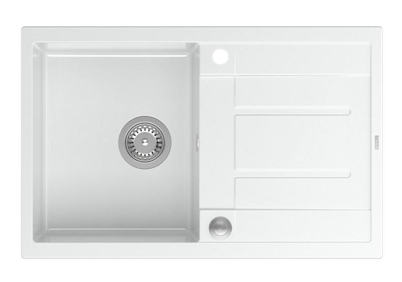 Куадри Шефийлд Бяла Гранитна Мивка за Монтаж Върху Плот 78x50 см с Отцедник и Неръждаема Стомана Запушалка - 1208967798