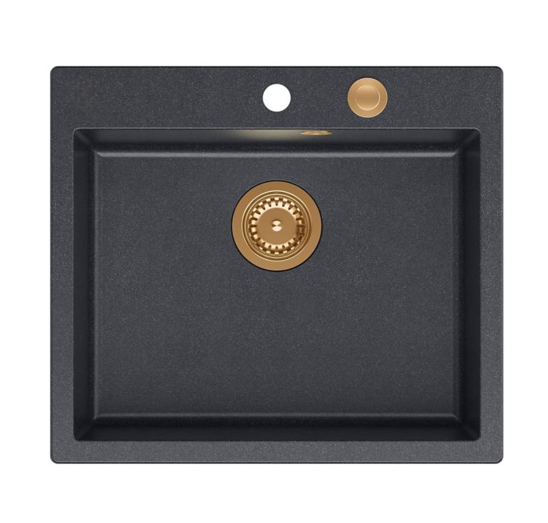 Куадри Шефилд Антрацит Гранитна мивка за монтаж върху плот или вграден монтаж 57x50 см с отвор за батерия и медна тапа - 1208967814