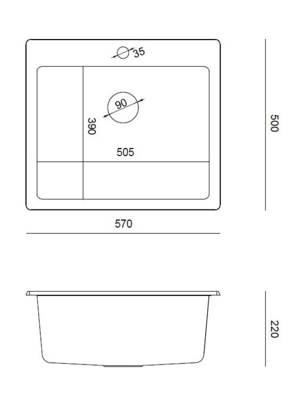 Куадри Шефилд Антрацит Гранитна мивка за монтаж върху плот или вграден монтаж 57x50 см с отвор за батерия и медна тапа - 1208967814