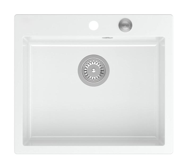 Куадри Шефилд Бяла Гранитна Мивка за Вграждане или Плот с Размери 57x50 см с Отвор за Смесител и Неръждаема Запушалка - 1208967815